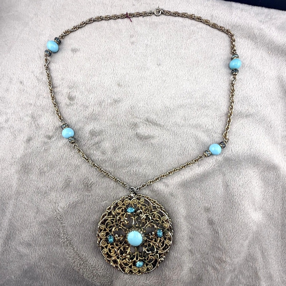 Estate Necklace Gold Tone Southwestern Filigree Blue Pendant 22in